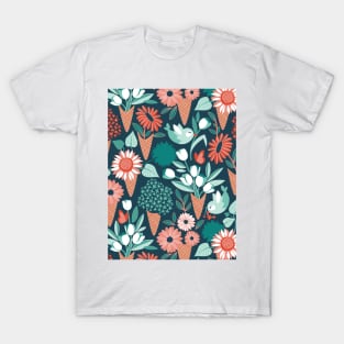 Midsummer I scream flower cones // pattern // green background green aqua and orange flowers bouquets T-Shirt